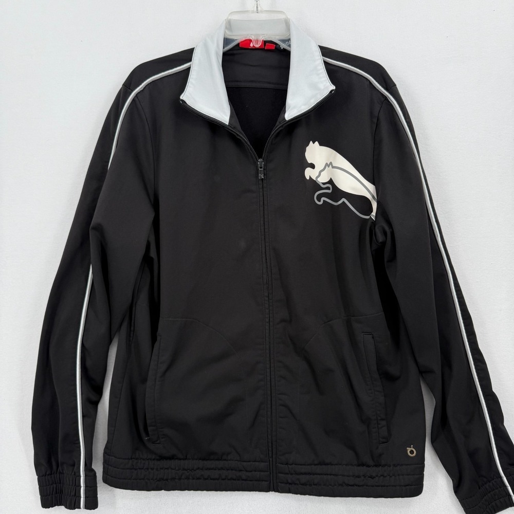 Puma Full Zip Track Jacket L Black‎ White Piping Large Cat Logo Retro